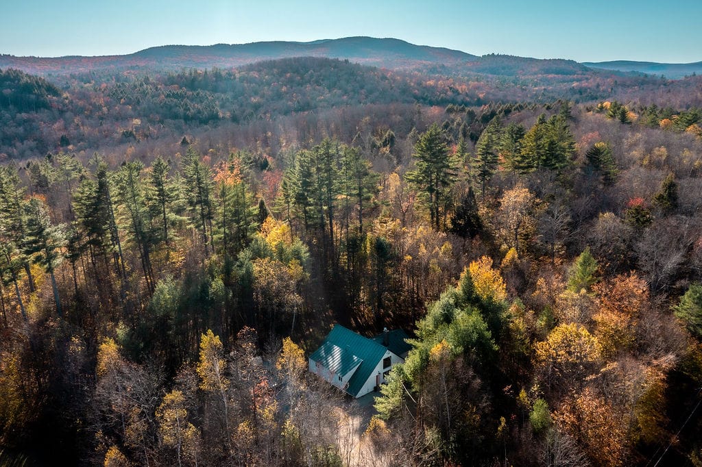 Aerial view of Stratton Ski Haus in the Vermont forest