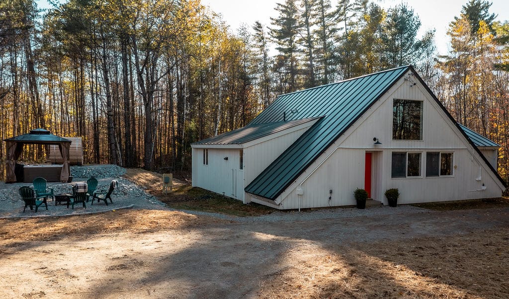 Living room with soaring A-frame windows